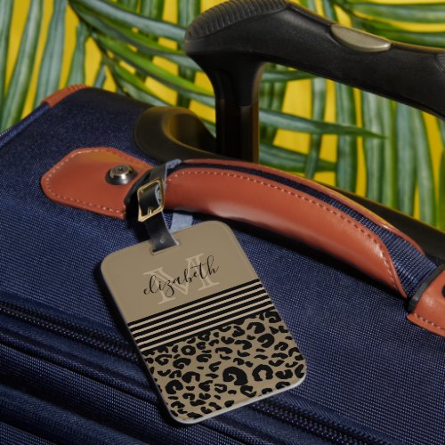 Monogram Leopard Print Stripe  Gold Black Luggage Tag