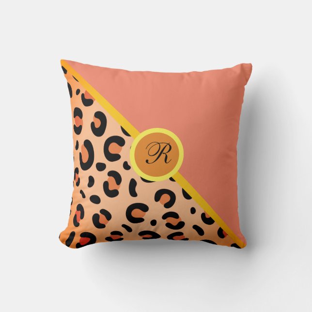 Monogram Leopard Print Two Tone Golden Coral Pink  Throw Pillow (Front)