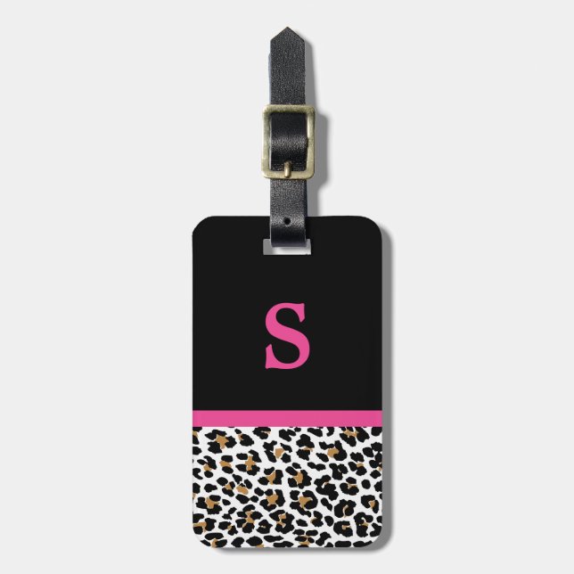 Monogram Leopard Print with Pink Luggage Tag (Front Vertical)