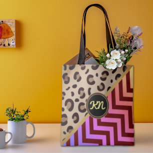 Monogram Leopard Print Zigzag Chevron Two-Tone Tote Bag