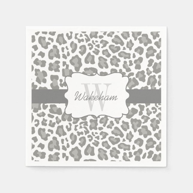 Monogram Leopard White and Gray Cocktail Napkin (Front)