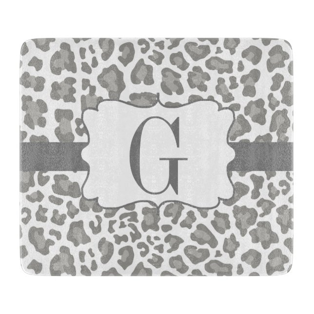 Monogram Leopard White and Gray Cutting Board (Front)