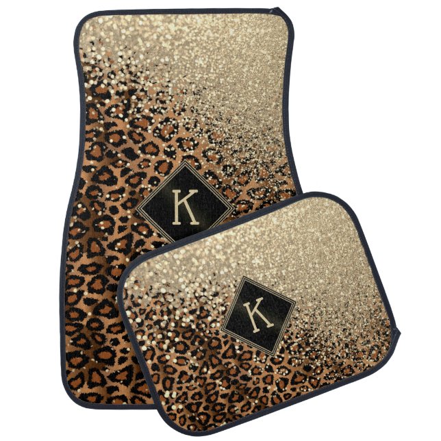 Monogram Leopard with Gold Glitter  Car Floor Mat (Set)