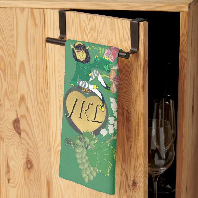 Monogram Leprechaun Green Fruit and Floral Kitchen Towel (Thirds Fold)