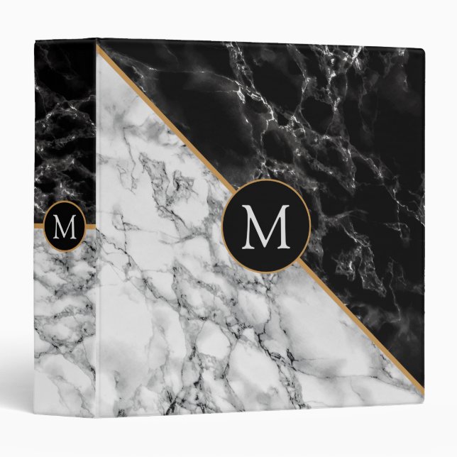 Monogram Letter 3 Ring Binder Black White Marble (Front/Spine)