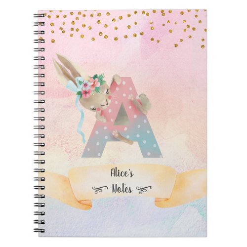 Monogram Letter A Cute Bunny Girl Daily Diary Notebook