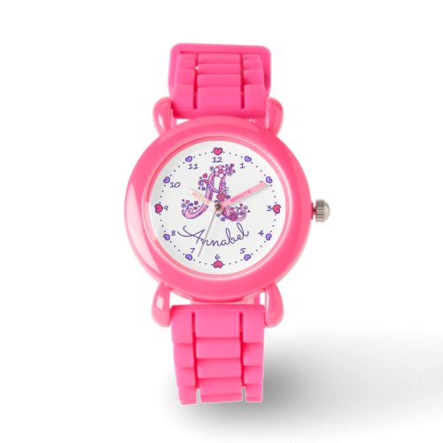 Monogram letter A doodle heart girls name watch
