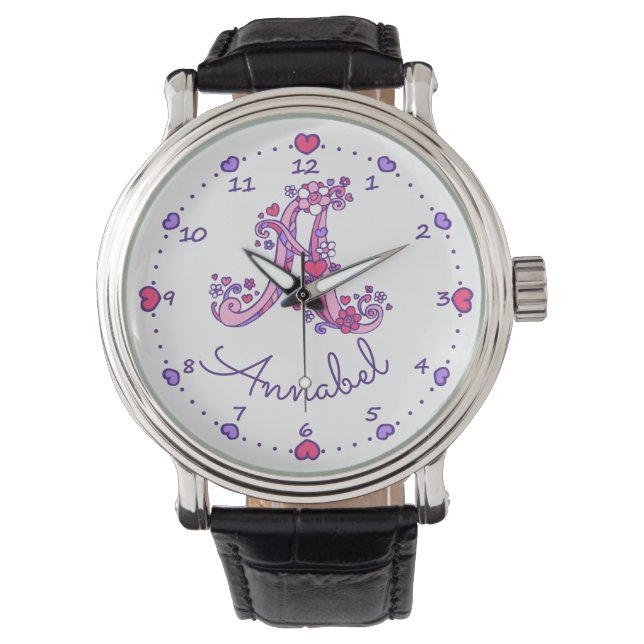 Monogram letter A doodle heart girls name watch (Front)