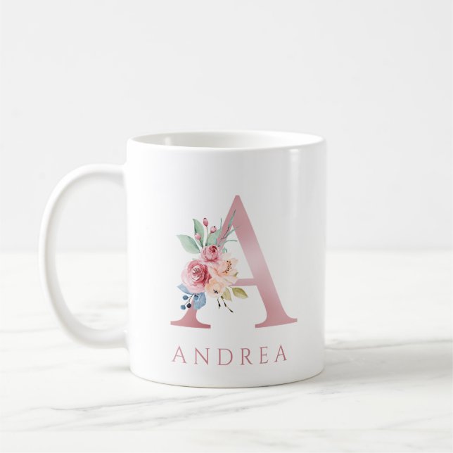 Monogram Letter A Floral Watercolor Coffee Mug (Left)