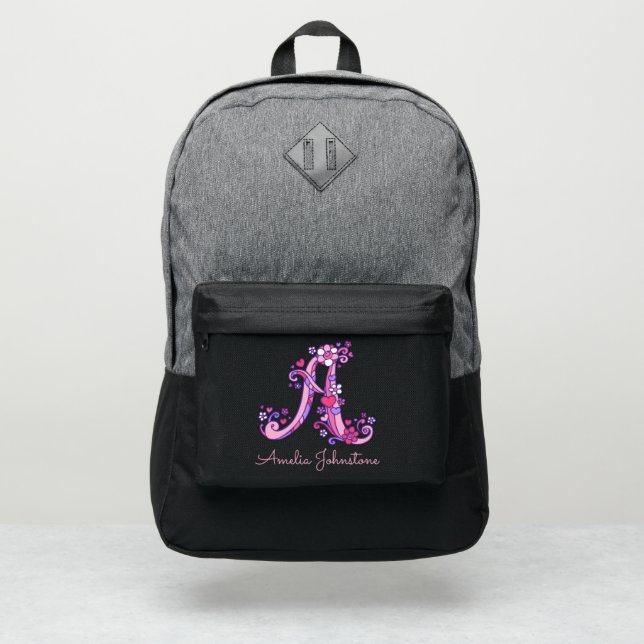 Monogram letter A hearts flower custom name Port Authority® Backpack (Front)