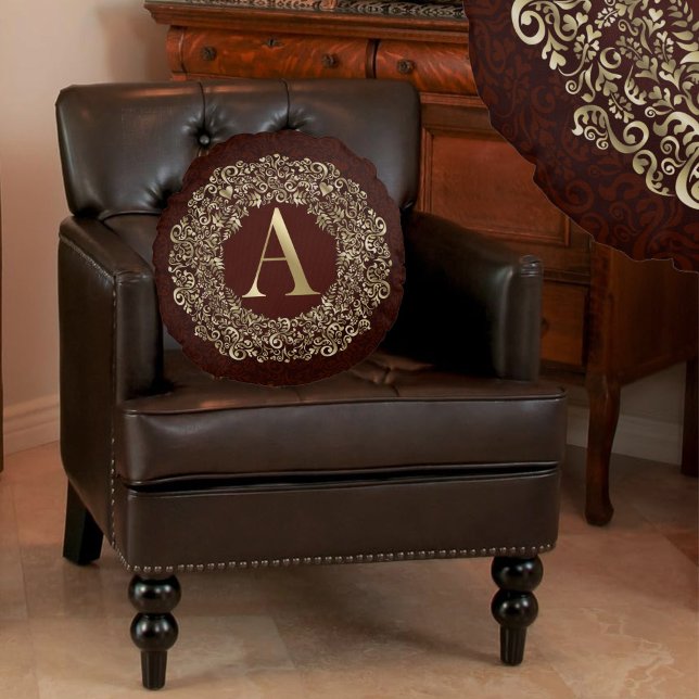 Monogram Letter A Luxury Gold Burgundy damask Round Pillow (Creator Uploaded)