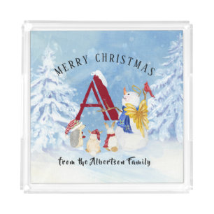 Monogram Letter A Merry Christmas Angel Snowman Acrylic Tray