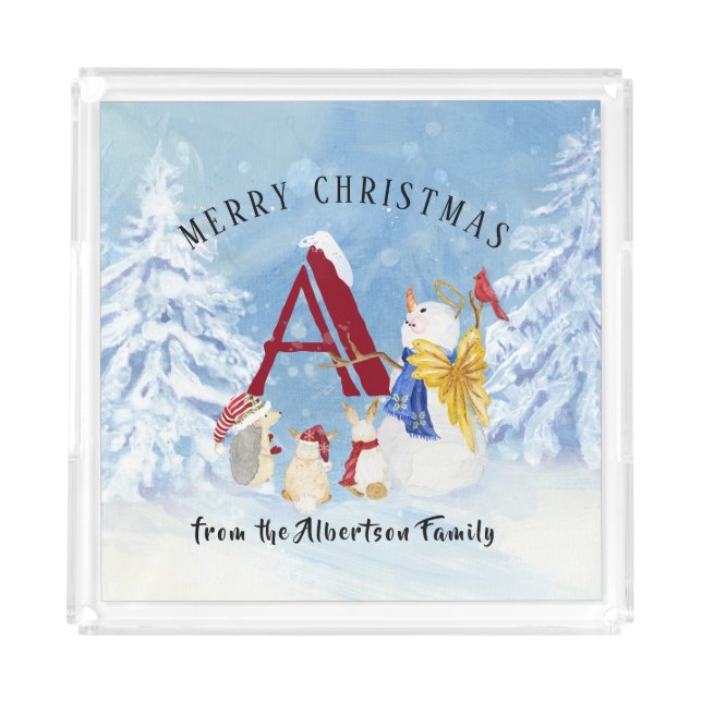 Monogram Letter A Merry Christmas Angel Snowman Acrylic Tray (Front)