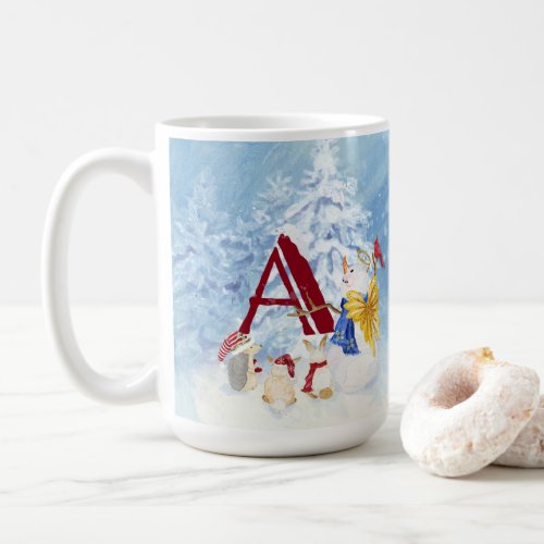 Monogram Letter A Merry Christmas Angel Snowman Coffee Mug