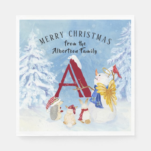 Monogram Letter A Merry Christmas Angel Snowman Napkins (Front)