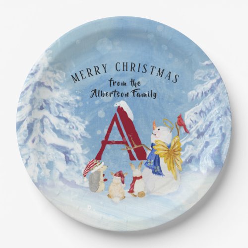 Monogram Letter A Merry Christmas Angel Snowman Paper Plates