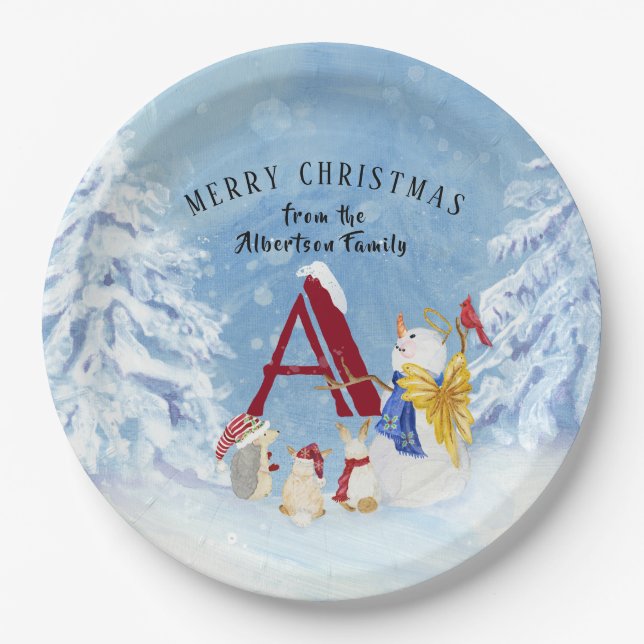 Monogram Letter A Merry Christmas Angel Snowman Paper Plates (Front)