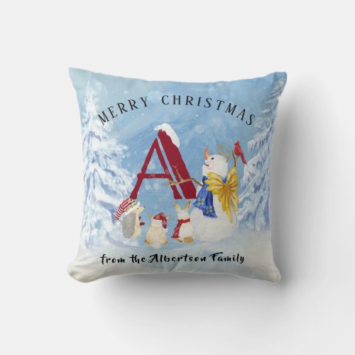 Monogram Letter A Merry Christmas Angel Snowman Throw Pillow