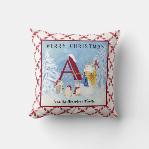 Monogram Letter A Merry Christmas Angel Snowman Throw Pillow