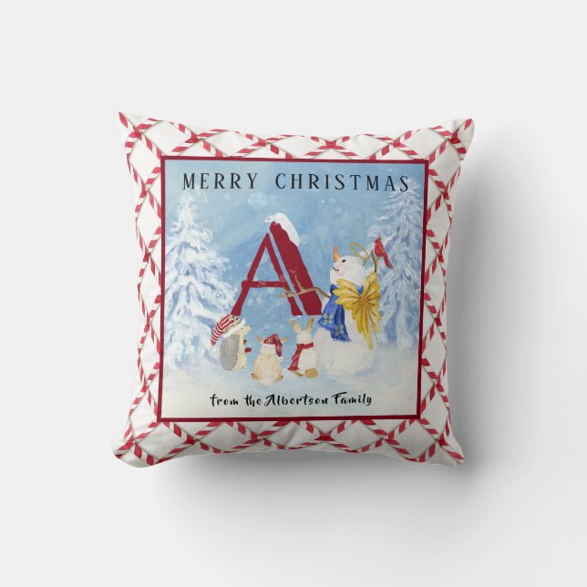 Monogram Letter A Merry Christmas Angel Snowman Throw Pillow (Front)
