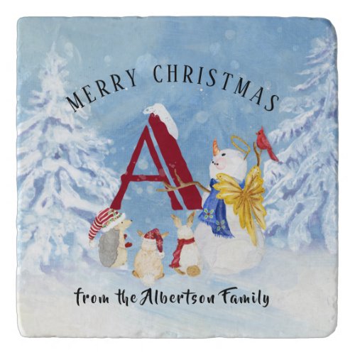 Monogram Letter A Merry Christmas Angel Snowman Trivet