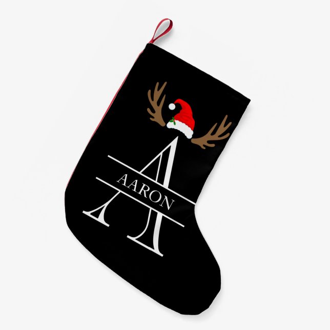 Monogram Letter A  Name, Antlers Santa Hat Small Christmas Stocking (Front (Hanging))