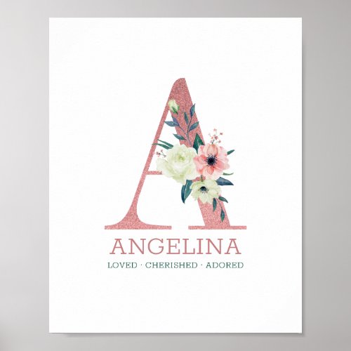 Monogram Letter A Pink Watercolor Floral Nursery Poster