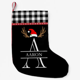 Monogram Letter A Plaid Black, White Red Small Christmas Stocking