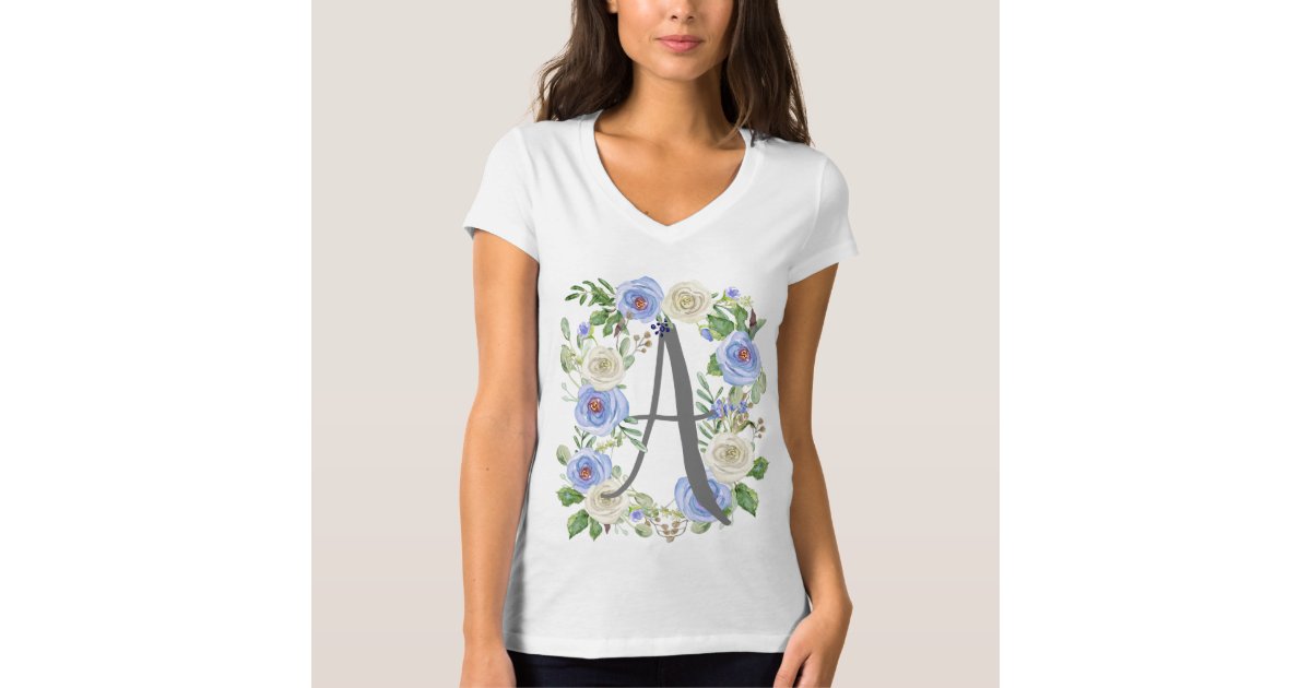 Monogram Letter A Watercolor Blue n White Floral T-Shirt