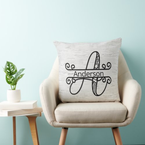 Monogram Letter A with Family Name  Throw Pillow