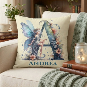 Monogram Letter A With Name Fairy Throw Pillow