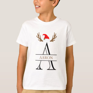 Monogram Letter A Xmas Name Antlers Santa Hat T-S T-Shirt