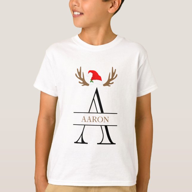  Monogram Letter A Xmas Name Antlers Santa Hat T-S T-Shirt (Front)