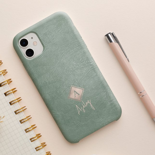 Monogram letter and script name sage leather iphone case (Creator Uploaded)