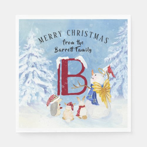 Monogram Letter B Angel Snowman Merry Christmas Napkins