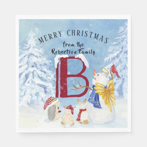 Monogram Letter B Angel Snowman Merry Christmas Napkins