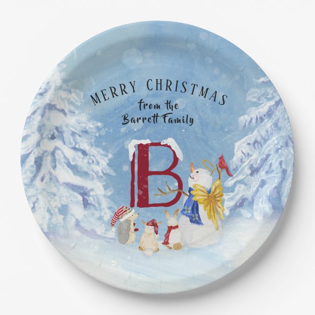 Monogram Letter B Angel Snowman Merry Christmas Paper Plates (Front)