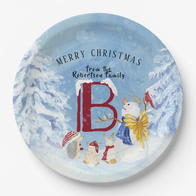 Monogram Letter B Angel Snowman Merry Christmas Paper Plates (Front)
