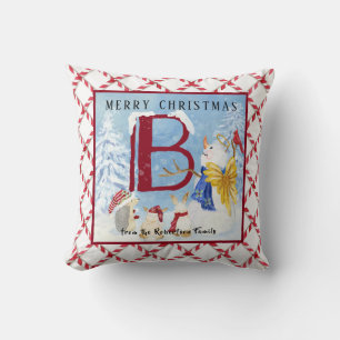 Monogram Letter B Angel Snowman Merry Christmas Throw Pillow