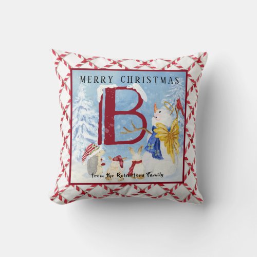 Monogram Letter B Angel Snowman Merry Christmas Throw Pillow