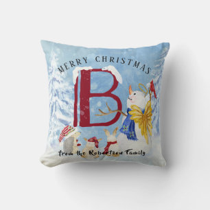 Monogram Letter B Angel Snowman Merry Christmas Throw Pillow