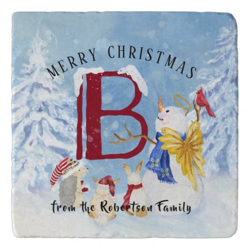 Monogram Letter B Angel Snowman Merry Christmas Trivet