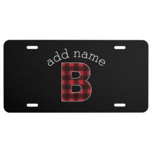 Monogram Letter B - buffalo plaid red black License Plate