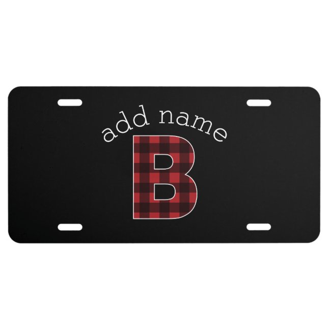 Monogram Letter B - buffalo plaid red black License Plate (Front)