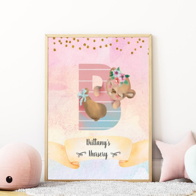 Monogram Letter B Cute Bear Girly Nursery Poster (Creator Uploaded)