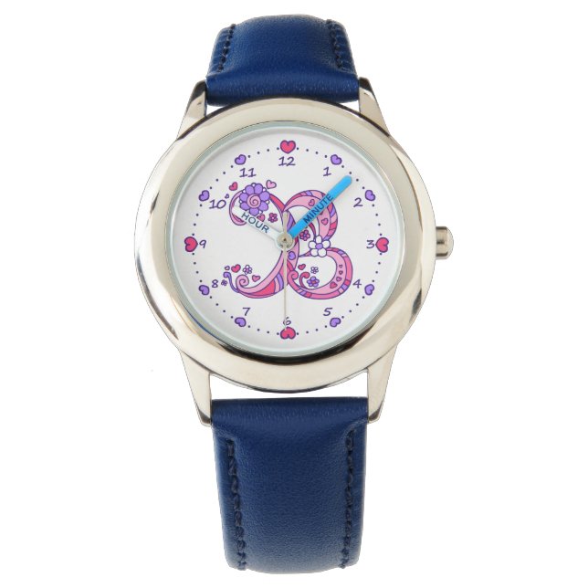 Monogram letter B doodle heart girls watch (Front)