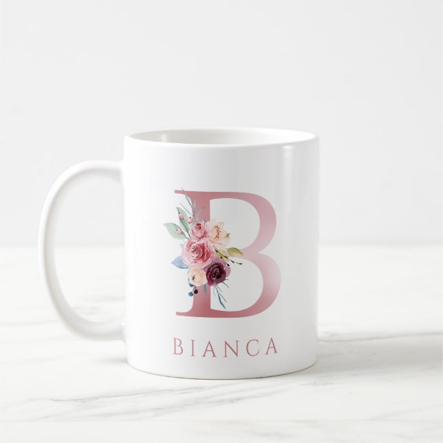 Monogram Letter B Floral Watercolor Coffee Mug (Left)