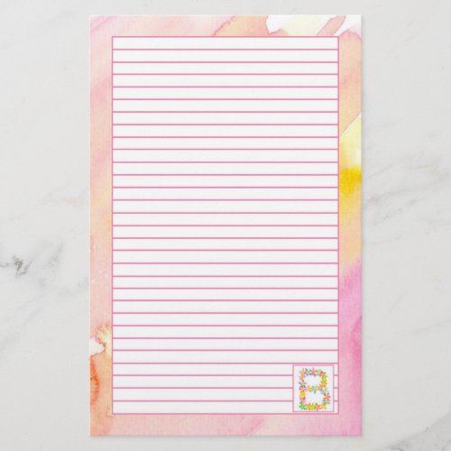 Monogram Letter B Painterly Watercolor Lined Stationery