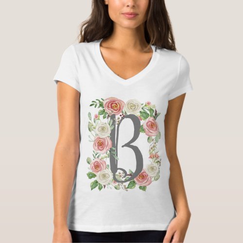 Monogram Letter B Watercolor Rose Floral Foliage T_Shirt