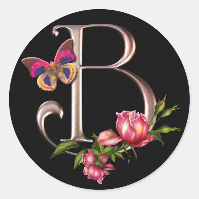 MONOGRAM LETTER B WITH ROSES AND BUTTERFLY CLASSIC ROUND STICKER | Zazzle